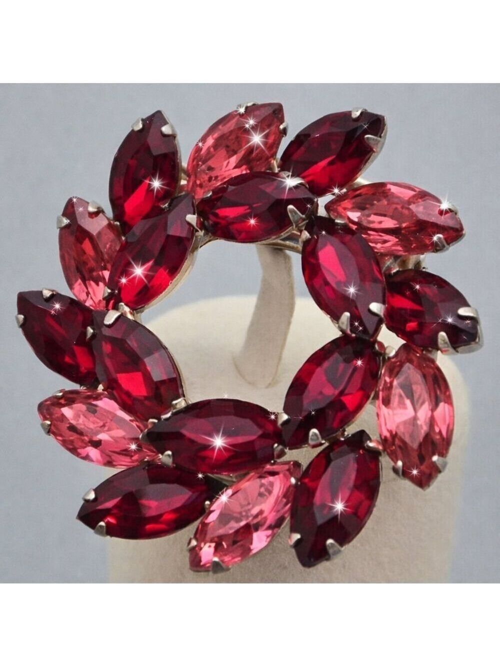 Cherry Ruby Red Pink Gemstone Crystal Vintage Brooch Pin Statement Estate Sale